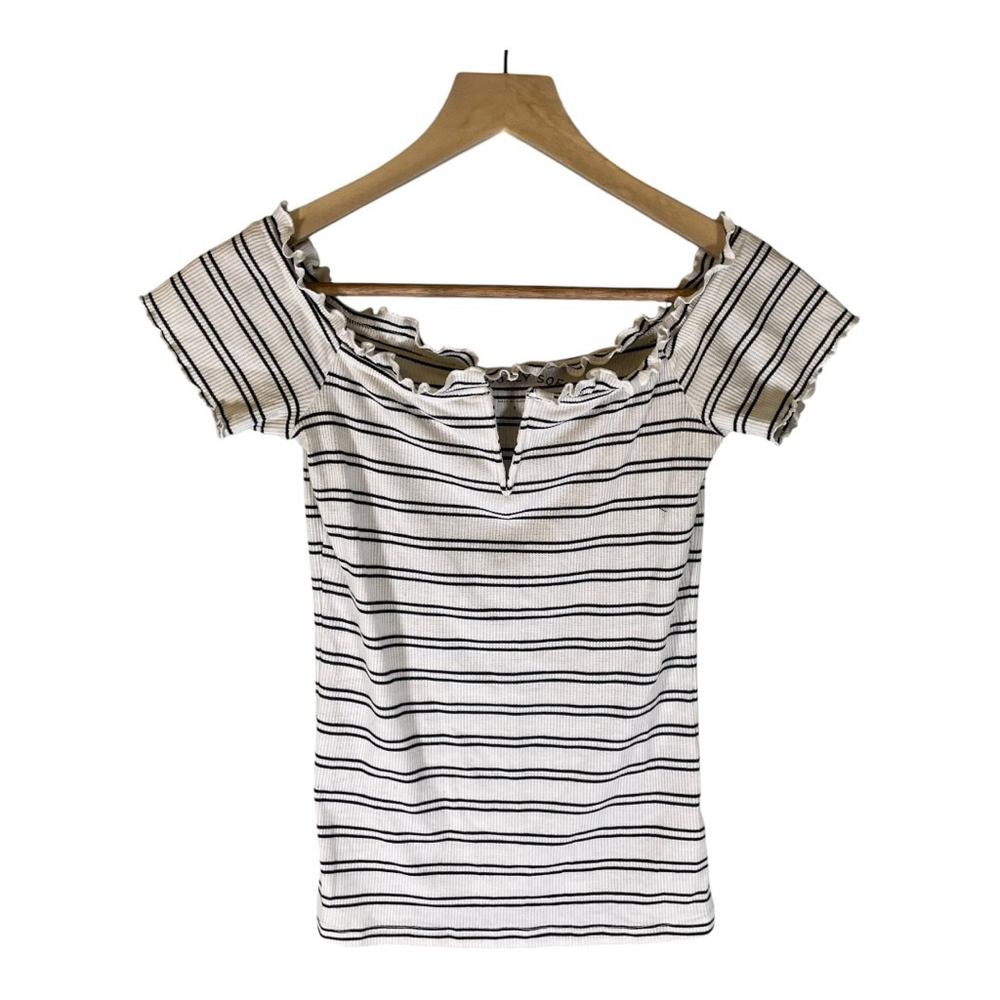 Seriously Soft Shirt S Small White & Black Stripped Stretch Casual Ruffle Fringe